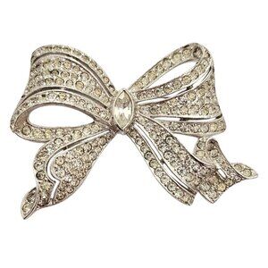 Silver Tone Clear Rhinestone Bow Brooch Rhodium Plated L867